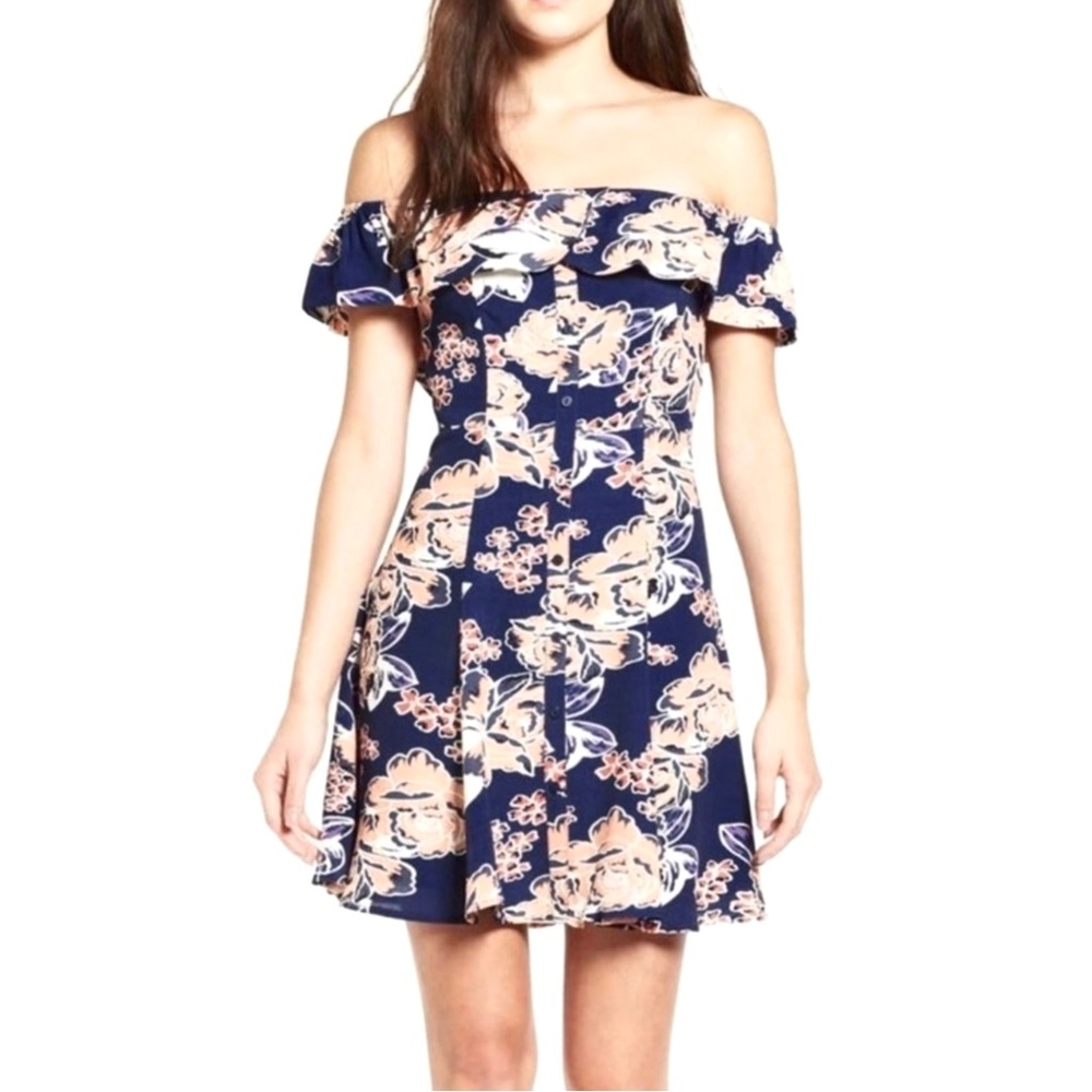NEW LOVERS + FRIENDS BLUE FLORAL OFF-THE-SHOULDER MINI DRESS
